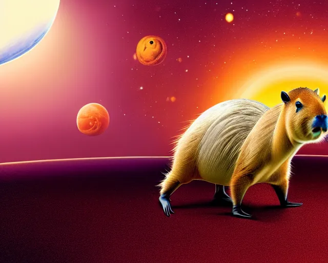 Image similar to a capybara is standing on astronaut, phantasia photo, concept art