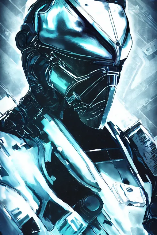 Image similar to cyber cyborg ninja mask helmet metal gear solid artic suit swat commando, global illumination ray tracing hdr fanart arstation by sung choi and eric pfeiffer and gabriel garza and casper konefal, a spectacular view cinematic rays of sunlight comic book illustration, by john kirby