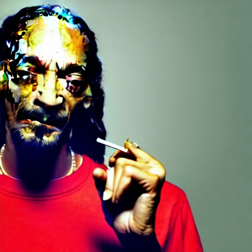 Image similar to Snoop Dog with big eyes eye color red , smiling and holding a joint in his hand