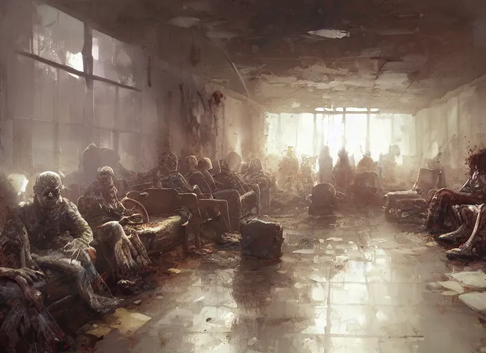 Prompt: zombies waiting in a waiting room, eerie, liminal, isometric, by craig mullins, by mattias adolfsson, oil on canvas,