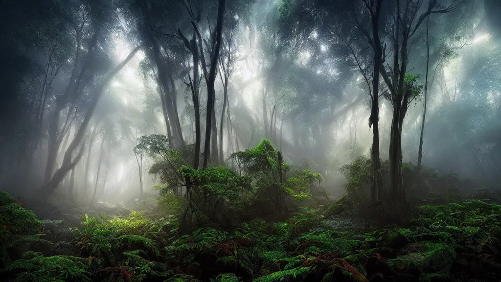 Image similar to amazing landscape photo of a tropical forest by marc adamus, beautiful dramatic lighting