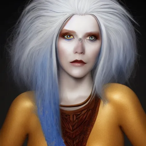 Prompt: a woman with white hair and blue eyes, a character portrait by Brian and Wendy Froud, trending on cg society, fantasy art, zbrush, airbrush art, digital painting