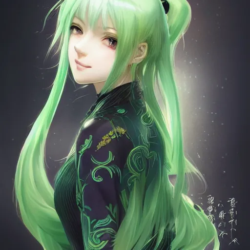 Prompt: adult girl with long light green hair, light green eyes, a small pigtail on the left side, chinese dress, anime style, hyper detailed, illustration, digital painting, art by artgerm and greg rutkowski and alphonse mucha, high delicate defined details, anime stylized, highly detailed, realistic, sharp focus