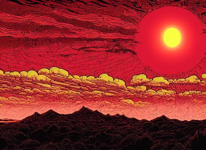 Image similar to an illustration of a red sun in a cloudy sky, an illustration by dan mumford, deviantart, apocalypse landscape, illustration