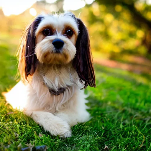 Prompt: a cute mutt who is half long haired dachshund and half shih tzu, laying under a tree on a farm, golden hour, promised land