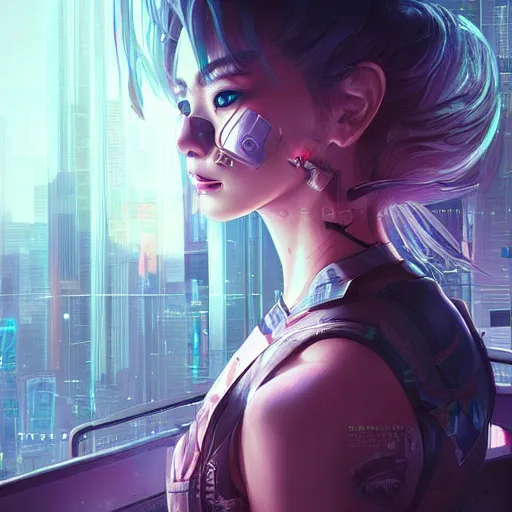 Prompt: art by rossdraws, portrait of cyberpunk woman looking out of a window, cyberpunk setting, futuristic, highly detailed, intricate lighting, digital painting, sharp focus, illustration, trending on artstation.