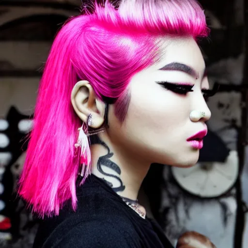 Prompt: punk tattooed asian supermodel with pink hair and a beautiful face with long eyelashes