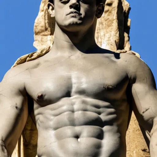 Image similar to rami malek as statue of ancient roman emperor, created by michelangelo, museum photoshot, 3 d photorealistic render, high resolution, 8 k