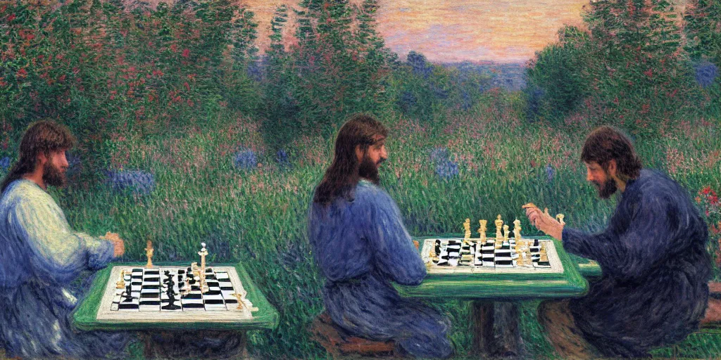 Image similar to jesus and magnus carlsen playing chess in heaven by monet