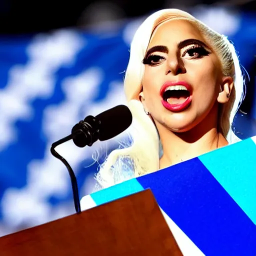 Image similar to Lady Gaga as president, Argentina presidential rally, Argentine flags behind, bokeh, giving a speech, detailed face, Argentina