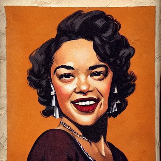 Image similar to “Tessa Thompson portrait, color vintage magazine illustration 1950”