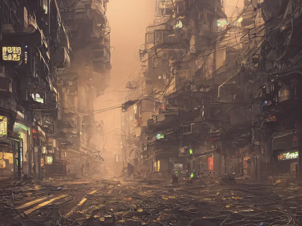 Image similar to futuristic dieselpunk street, cable stone ground. lots hanging cables, tiny wires on the ground. narrow, garbage on the ground. rain. fog, haze, evening. led screens. neon signs. golden hour. very sharp. cables on the ground. very messy. futuristic. photorealistic. artstation. anime. studio gimbli style. golden rate.