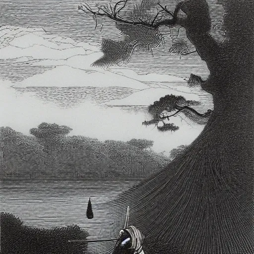 Prompt: silhouette, samurai, moon, forest, night, river, chiaoscuro, grass, clouds, water, illustration by Gustave Doré