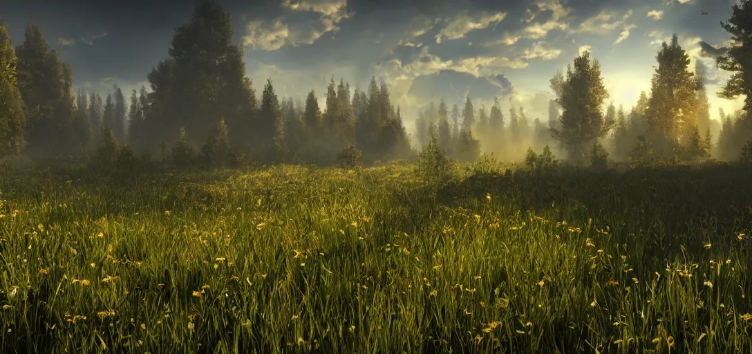 Prompt: a meadow shown from the beginning of the earth to the death of the universe, trending on artstation, 4 k, ray tracing, stunning visuals, concept art, unreal engine, highly detailed, cinematic lighting, wide angle lens