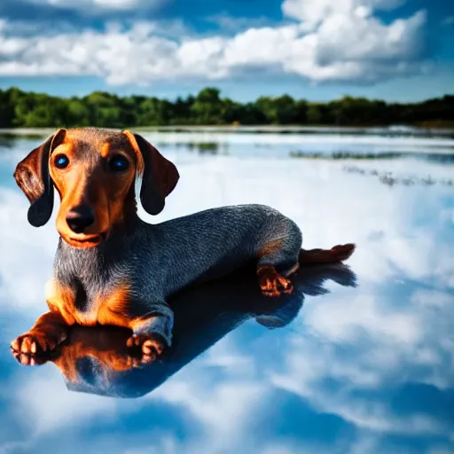Image similar to stock photo of an elderly, light gray wire-haired dachshund floating in heaven, blue sky, white clouds