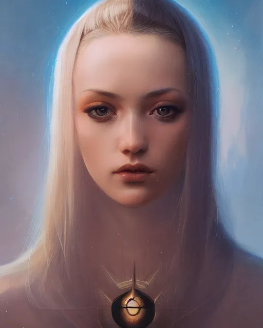 Image similar to symmetrical portrait of a 2 5 year old girl, by karol bak, james jean, tom bagshaw, rococo, sharp focus, trending on artstation, cinematic lighting, hyper realism, octane render, 8 k, hyper detailed.