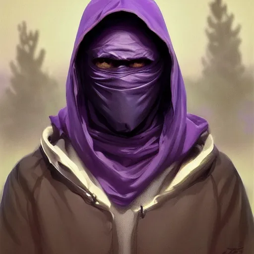 Image similar to ultra realistic illustration, man in a black hood, in a striped purple balaclava, mysterious, highly detailed, digital painting, artstation, concept art, smooth, sharp focus, illustration, art by artgerm and greg rutkowski and alphonse mucha