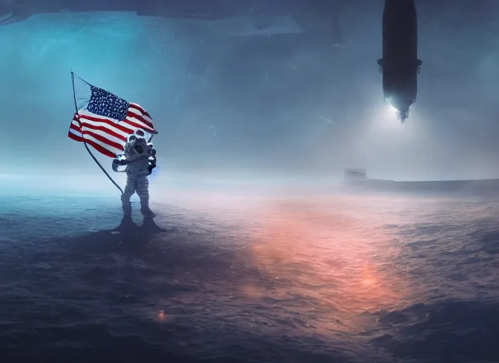 Image similar to astronaut holding a flag in an underwater desert. a submarine is visible in the distance. dark, concept art, cinematic, dramatic, atmospheric, 8 k, trending on artstation, blue, fish, low visibility, fog, ocean floor, christopher nolan, interstellar