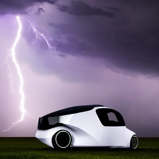 Image similar to futuristic flying car emerging from a circle of lightning in the sky, thunderstorm at night, 28mm dramatic photo