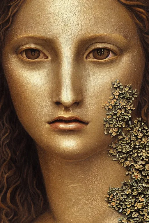 Prompt: hyperrealism close - up mythological portrait of a medieval woman's shattered face partially made of bronze color flowers in style of classicism using the fibonacci golden ratio, pale skin, wearing bronze dress, dark and dull palette
