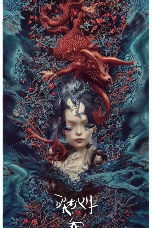 Image similar to a cover of japanese magazine about devil animal creatures bio with a banner and logo on it by illustrated by miyazaki by karol bak, james jean, tom bagshaw, rococo, sharp focus, trending on artstation, cinematic lighting, hyper realism, octane render, 8 k, hyper detailed, vivid, ultra detailed, highly detailed