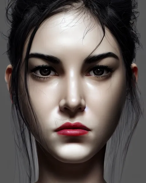 Prompt: portrait of a tall 4 0 - year - old woman with thin lips, long, lush black hair gathered on the head bun, and thick eyebrows, haughty facial expression, wearing in black clothes, aristocratic appearance, hyper realistic face, beautiful eyes, character art, art by mark brooks, hyperdetailed, cryengine, trending on artstation, digital art