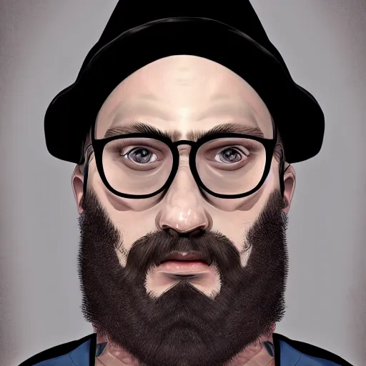 Prompt: portrait of a young, bald, bearded, and tattooed man, wearing glasses and a hat, digital painting, highly detailed, trending on artstation