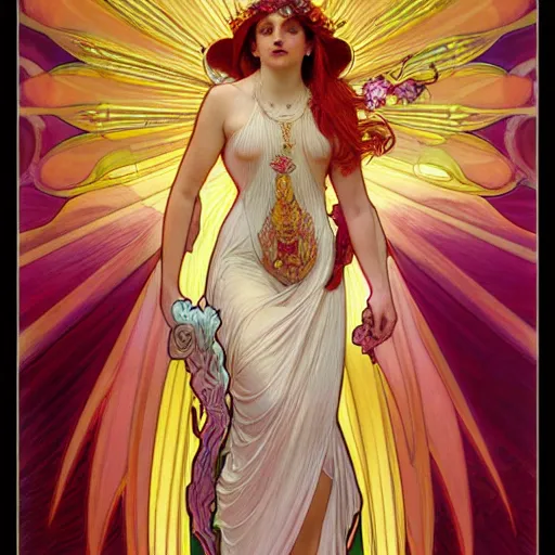 Image similar to a beautiful orchid phoenix angel woman, in an ornamented dress with large, volumetric light, god rays, 8 k high resolution, rubies, by alphonse mucha, artgerm