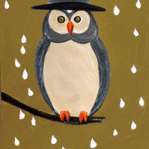 Prompt: an owl on a branch wearing a top hat, in the rain