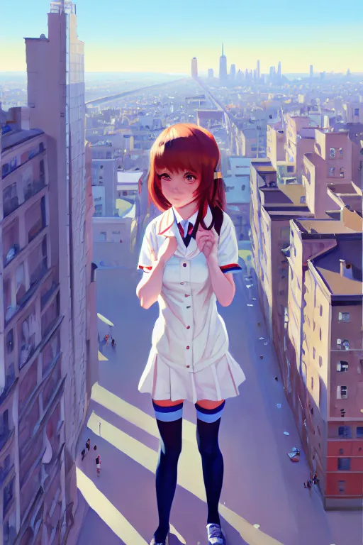 Image similar to a cute giantess wearing school uniform standing in the city which seem small, bird's eye view, gouache, 8 k wallpaper, strong brush stroke, very high detailed, sharp focus, illustration, morandi color scheme, art station, by krenz cushart