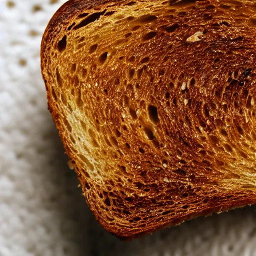 Prompt: an extreme close up of a piece of toast, 80mm macro lens