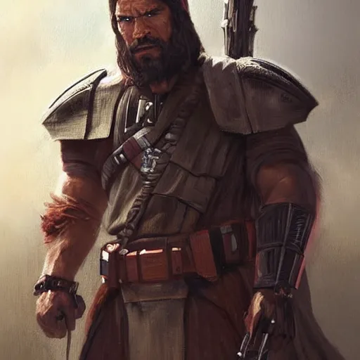 Image similar to portrait of a man by greg rutkowski, old bounty hanter, samoan features, tall and muscular, epic beard, star wars expanded universe, he is about 8 0 years old, wearing mandalorian gear.