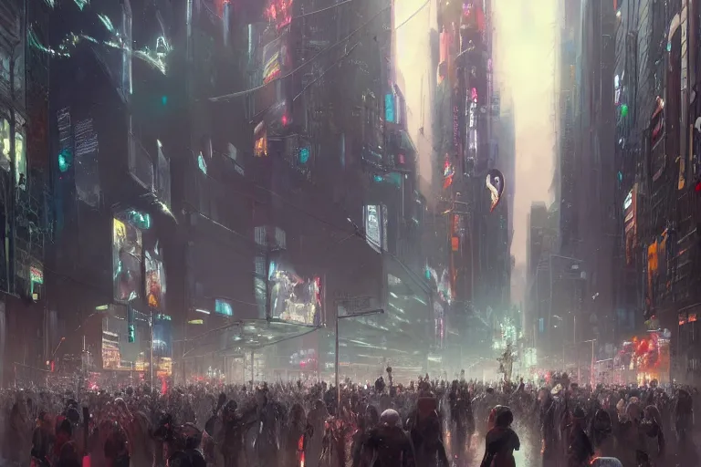 Prompt: dramatic artstation illustration of a crowd of people at a city intersection bowing to giant cyborg hologram by greg rutkowski, cyberpunk, raining