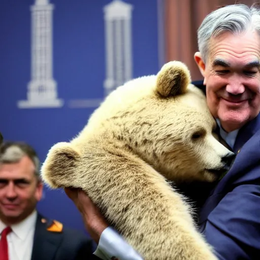 Prompt: Jerome Powell hugging a bear