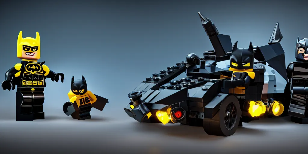 Prompt: lego batman posable figure, and batmobile. moody lighting. cinematic. 4 k. studio render.