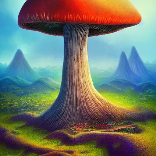 Image similar to surreal mushroom realm, multidimensional, fantasy, trending on artstation, beautiful, landscape, weird, valley, field