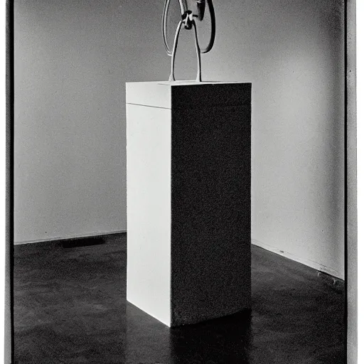 Image similar to Fontaine by Marcel Duchamp on a pedestal a a white cube museum, upside down readymade urinal, courtesy of Centre Pompidou, 35 mm film