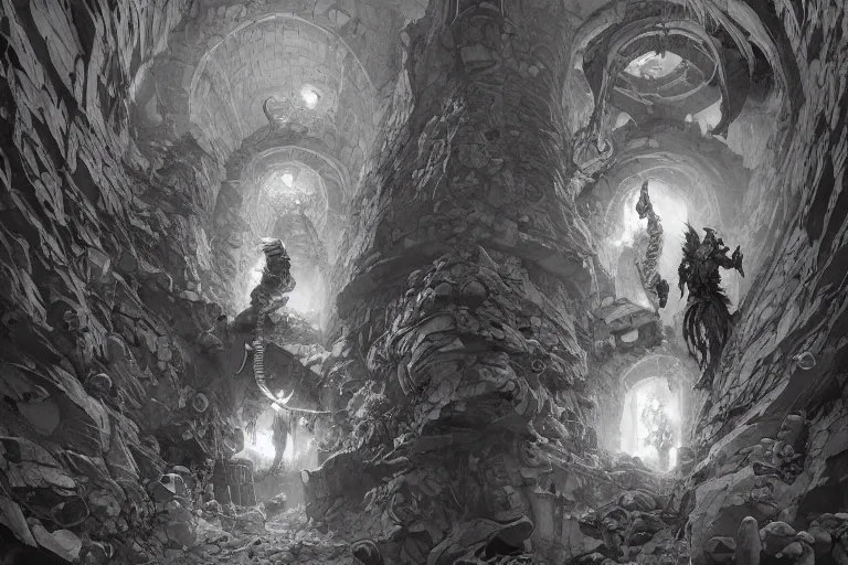 Image similar to black and white one point perspective dungeon cozy fantasy dungeon dragon artgerm and Craig Mullins, James Jean, Andrey Ryabovichev, Mark Simonetti and Peter Morbacher 16k