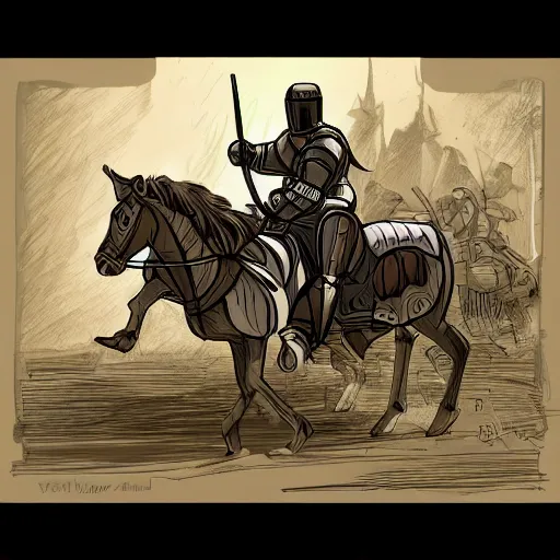 Prompt: A knight on a horse fighting a tank. Highly detailed. digital illustration. In the style of Veronique Meignaud.