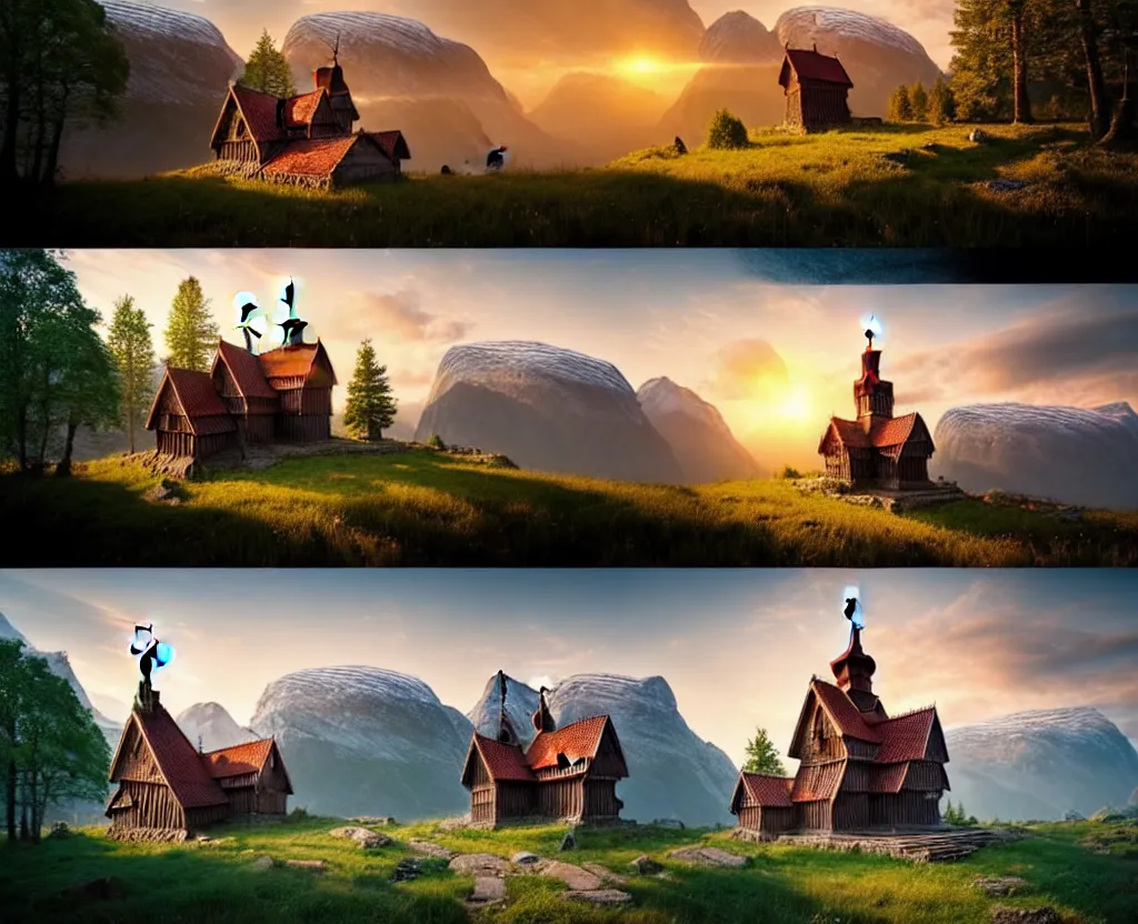 Image similar to Hopperstad Stave Church, medieval wooden church by norwegian fjord, beautiful scenery, mountains, sea, rocks, evening sunset, birds returning to their nest, a matte painting by Filip Hodas, featured on cgsociety, magical realism, matte painting, anamorphic lens flare, concept art