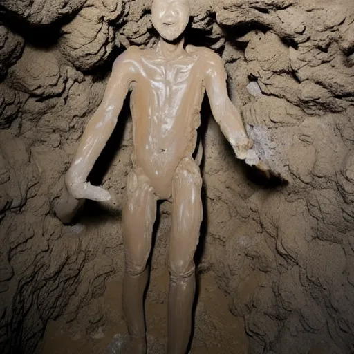 Image similar to found footage of a humanoid made of wet clay emerging from a wall inside of a cave made of wet clay, creepy, flash photography, unsettling, moist, low quality, dark environment, cavern, spelunking