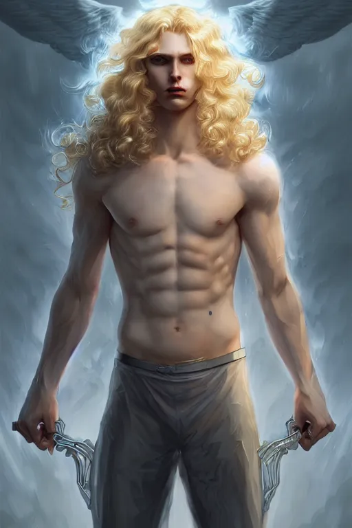 Image similar to digital art of a pale menacing male Cyborg Angel of Battle with fluffy blond curls of hair and piercing eyes, central composition, he commands the fiery power of resonance and wrath, very very long blond curly hair, baroque curls, by WLOP, Artstation, CGsociety