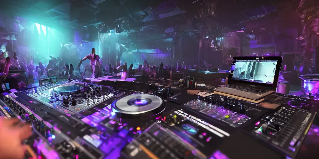 Image similar to a very buff dj playing at a club using a mixer on a tiny desk, pov, realistic 4 k octane beautifully detailed render, 4 k post - processing, highly detailed, intricate complexity, epic composition, magical atmosphere, cinematic lighting, masterpiece, ultra hd