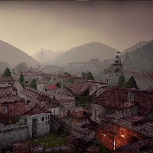 Image similar to the center of a poor medieval town under heavy rain at late dawn, in a valley, surrounded by mountains, highly detailed, octane, ultra detailed cinematic, 8 k, widescreen, 1 6 : 9, hd