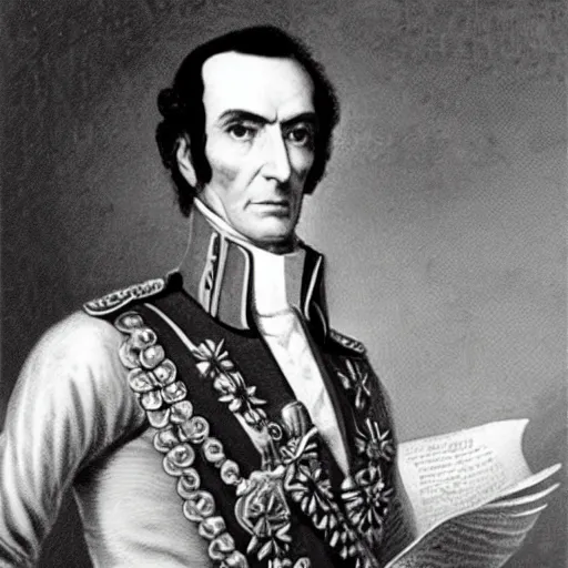 Prompt: general simon bolivar in his uniform with a bicorn napoleonic hat, he sit in a low illuminated jewelry laboratory crafting gold medallets shaped as little fishes, in one hand he has a magnifier, on the desk there are medals shaped as little fishes, rays of light entering from a window illuminating the desk, renaissance oil painting