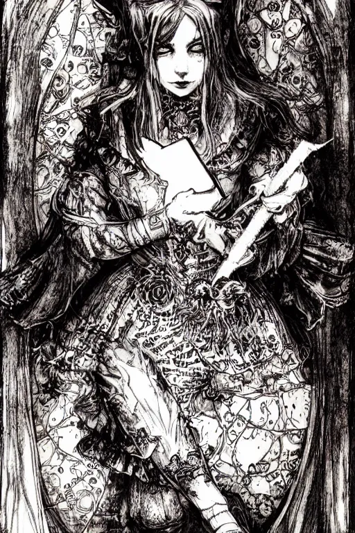 Image similar to Gothic Alice in wonderland tarot card , pen and ink, intricate line drawings, by Yoshitaka Amano, Ruan Jia, Kentaro Miura, Artgerm, watercolor