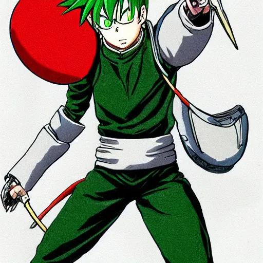 Image similar to fencer, green hair, male, style of akira toriyama, anime, japanese,