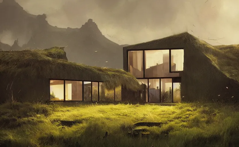 Image similar to An Exterior wide angle shot painting of a modern architecture house in the middle of a green icelandic valley, Greg Rutkowski and Craig Mullins, Cinematic and atmospheric lighting