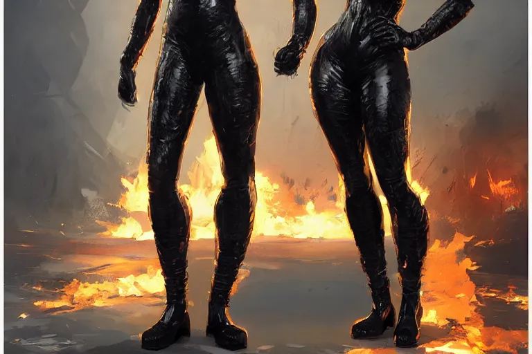 Prompt: a hero who makes things explode by looking at them standing in front of a burning city, concept art by Eddie Mendoza, black face vizor, latex catsuit