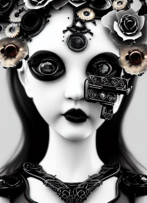 Image similar to black and white dreamy profile face portrait, one silver steampunk eye biomechanical beautiful angelic young female cyborg - robot - doll bust, body ribs meshes,, volumetric light, hibiscus flowers, rim light, big gothic fashion pearl embroidered collar, 1 9 3 0, 8 k